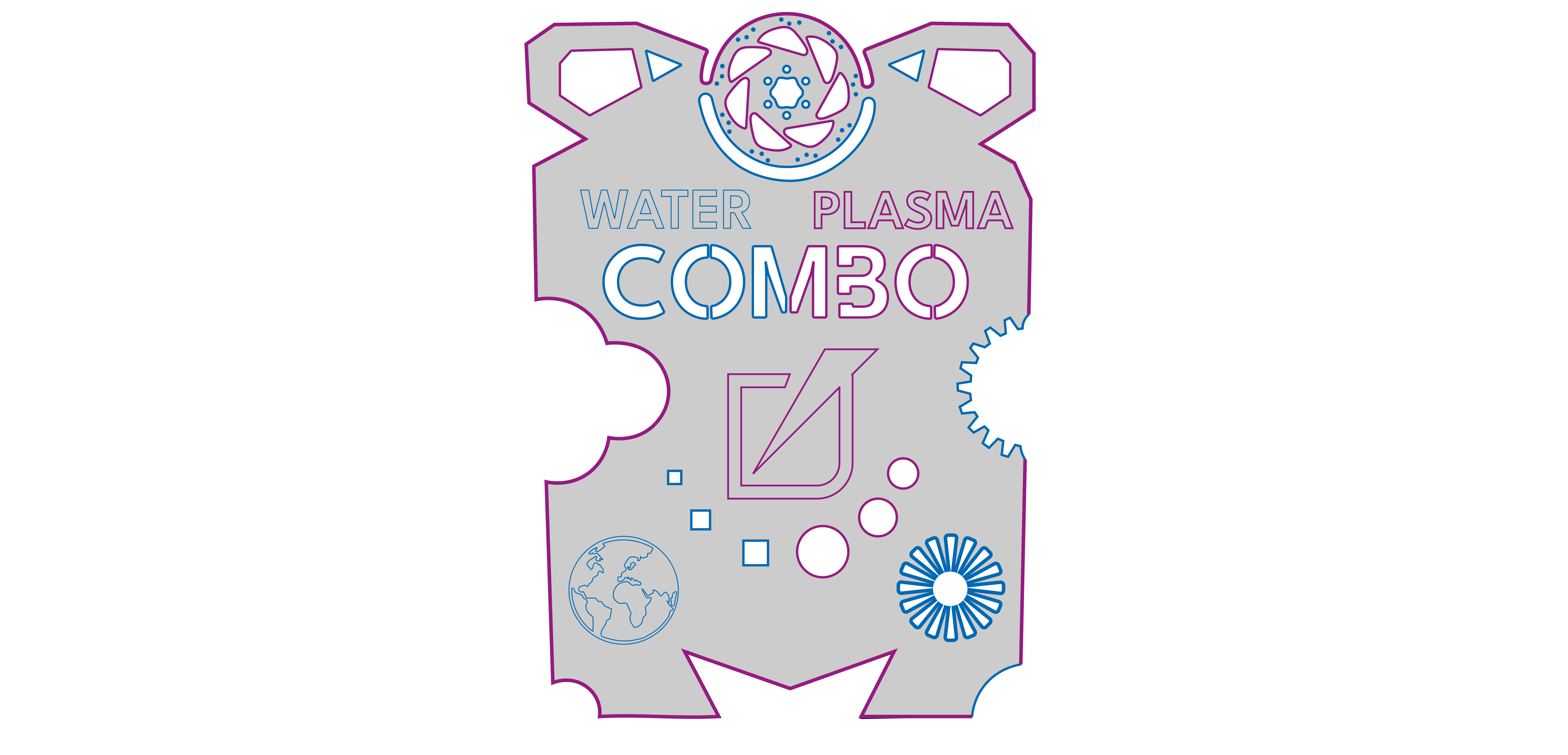 Sample stainless steel with marked cutting zones: waterjet (blue) and plasma (purple).